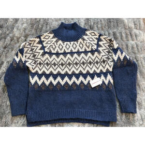 Lucky Brand Fair Isle Nordic Mock Neck Sweater Dk Blue Heather Size Medium